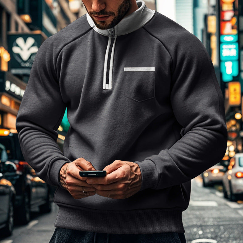 Sweat Zippé Pour Homme Col Montant Poche Poitrine Coton Mélangé Coupe Régulière Confortable