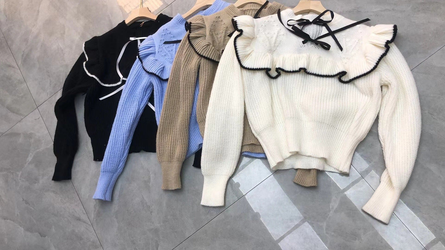 Damen Strickpullover mit eleganter Rüsche und Kapuze Amawinc