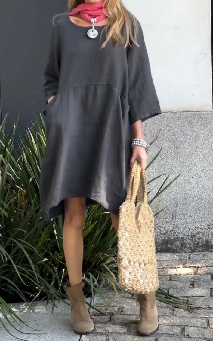 Damen lässiges Leinenkleid mit praktischen Taschen und asymmetrischem Saum Amawinc