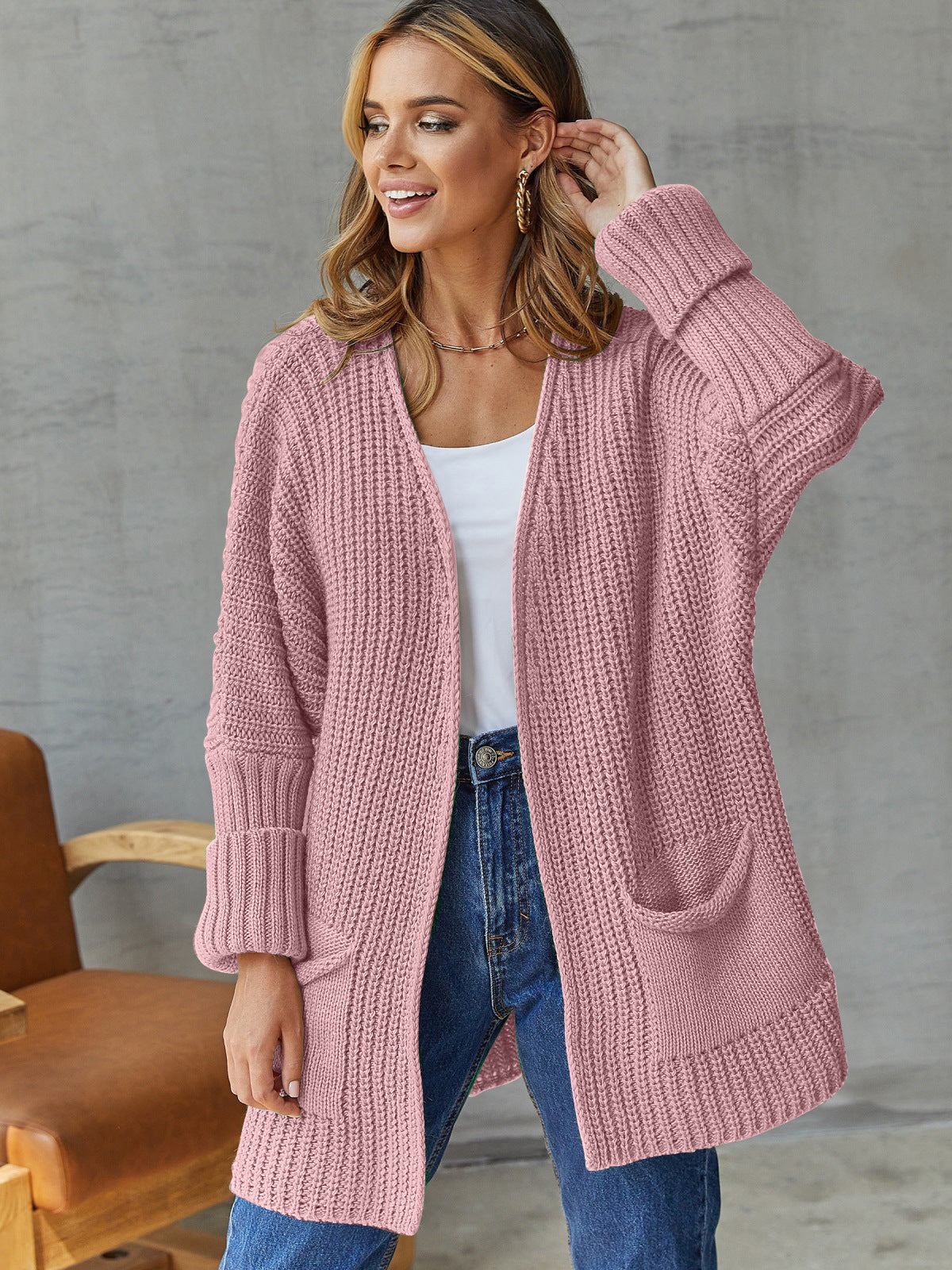 Damen gestrickter Cardigan mit großzügigen Taschen und strukturiertem Design Amawinc