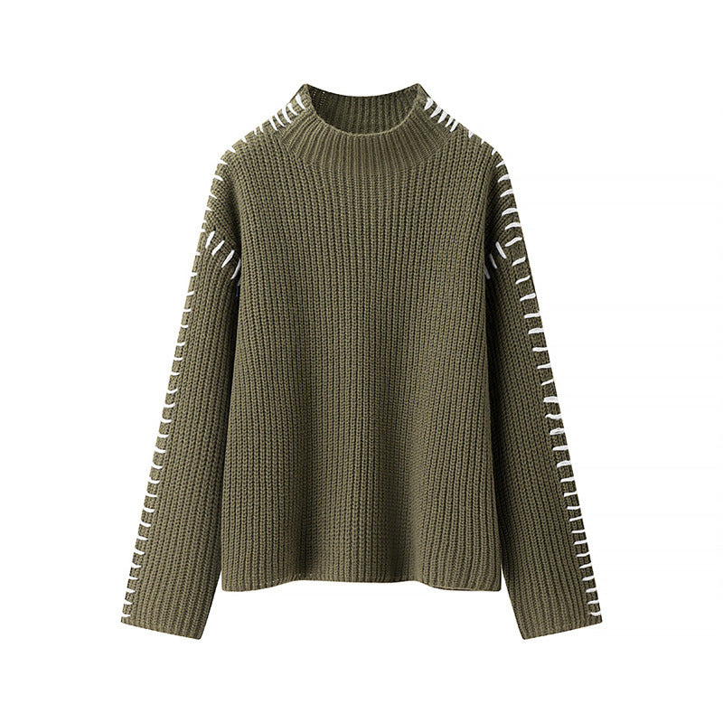 Damen Grobstrickpullover mit hohem Kragen und dekorativen Details Amawinc