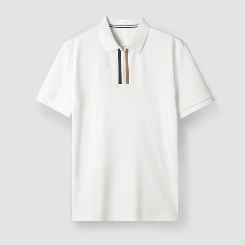 Premier Polo En Coton Mercerisé Moderne Avec Zip Et Col Polo, Rayures Deux Tons Pour Un Style Élégant