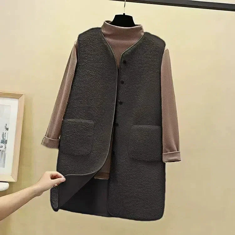 Veste Longue Pour Femme En Polaire Peluche Coupe Décontractée Ouverte Devant Avec Poches Plaquées