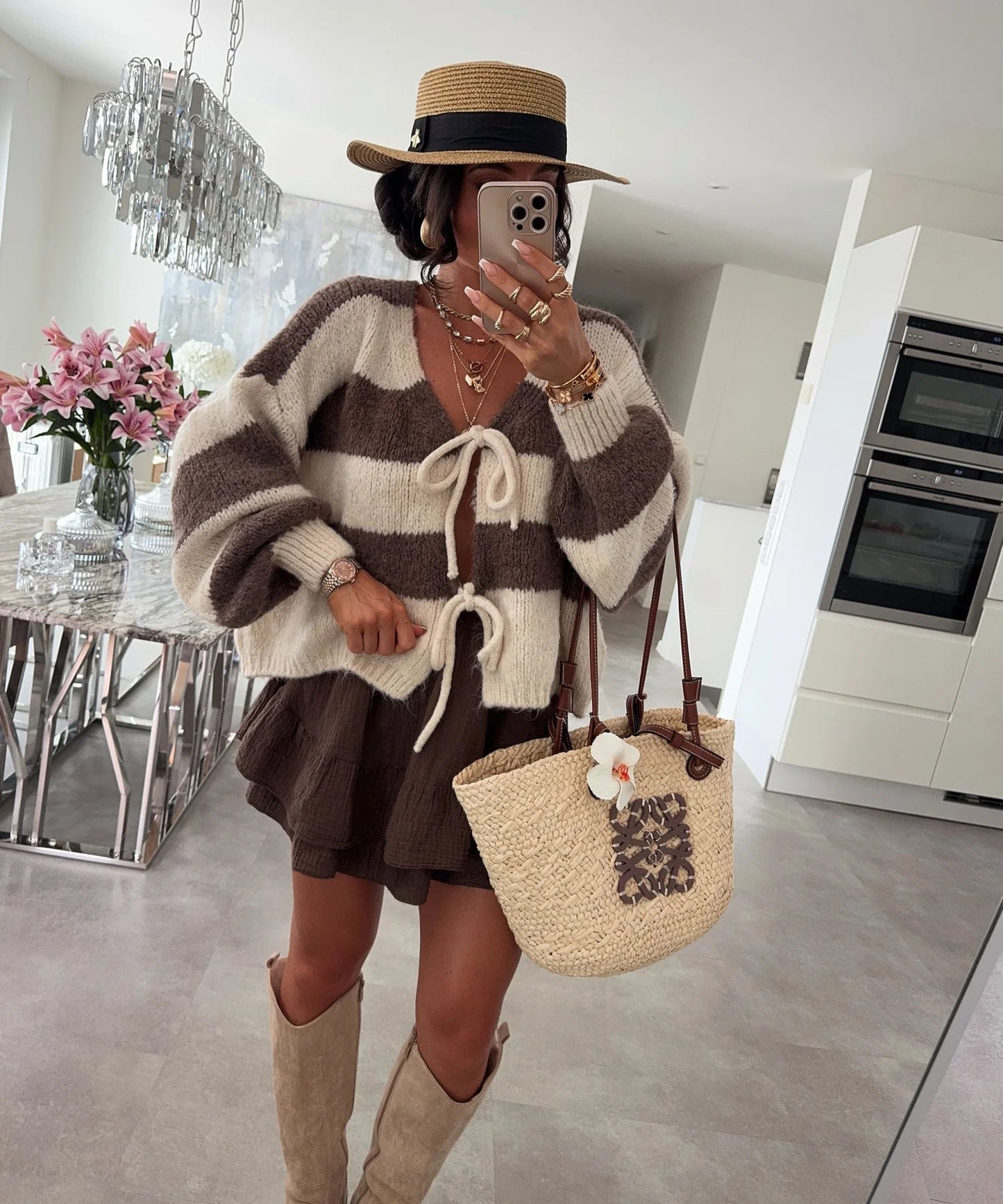 Damen lockere Strickjacke mit breiten Streifen und Bindegürtel Amawinc