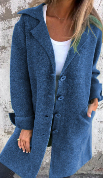 Manteau Midi Femme Coupe Décontractée Aspect Laine Col Revers Simple Boutonnage Amawinc