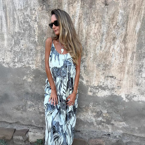 Robe Maxi Femme Décontractée Bretelles Ajustables Coton Respirant Poches Amawinc Été