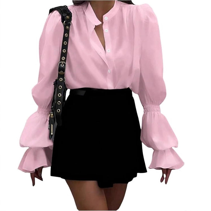 Damen Bluse mit eleganten Puffärmeln und zeitlosem Stehkragen Amawinc