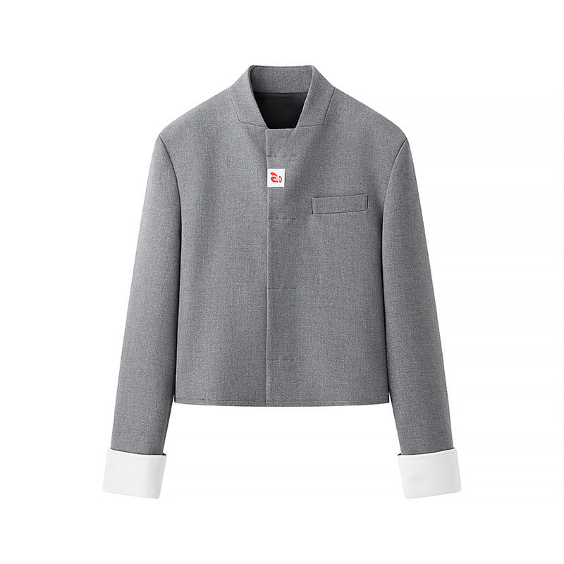 Damen modische Kurzjacke mit asymmetrischem Design und elegantem Stehkragen Amawinc