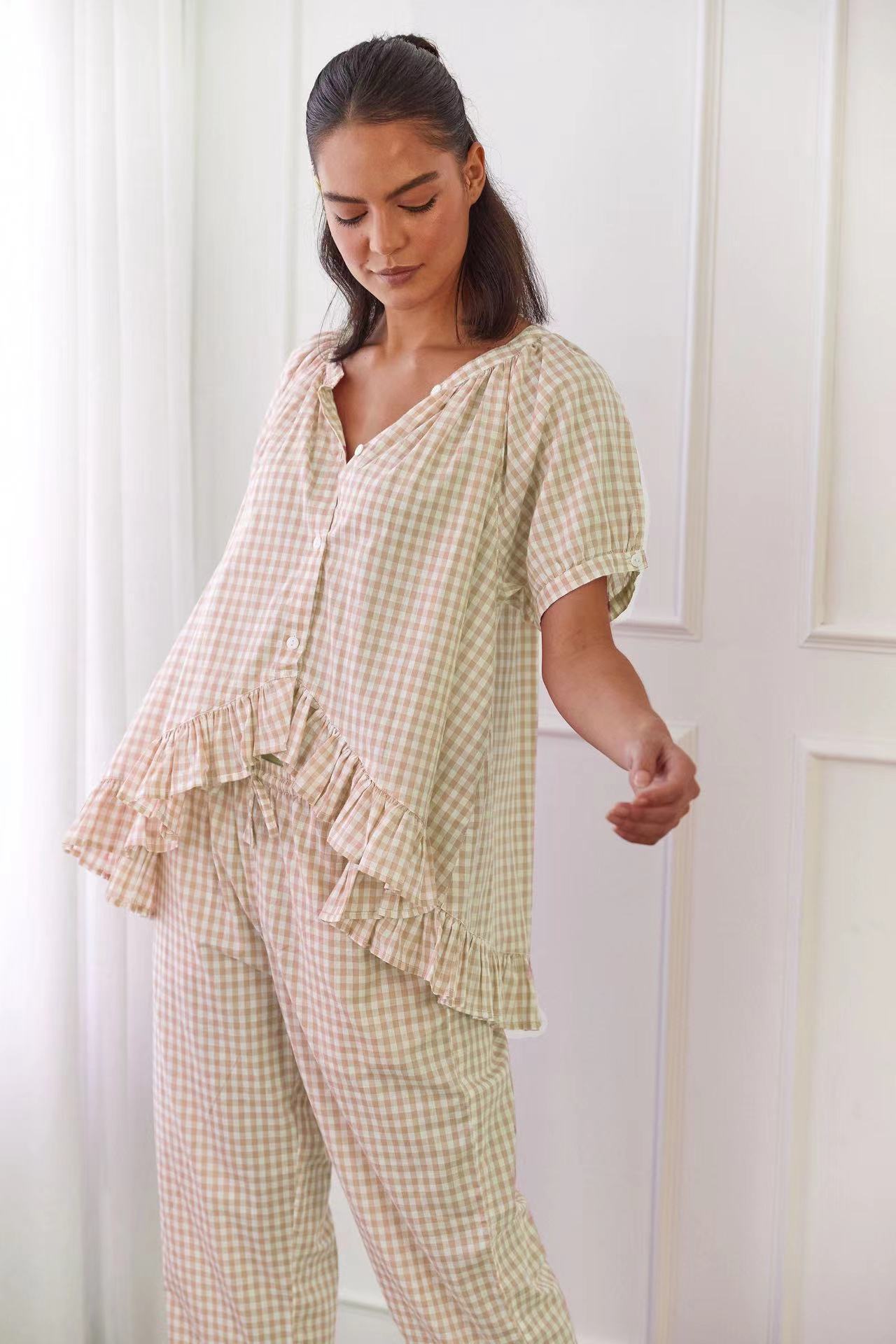 Ensemble Femme Chemise Pantalon Coton Léger Coupe Décontractée Détails Froncés Motif À Carreaux