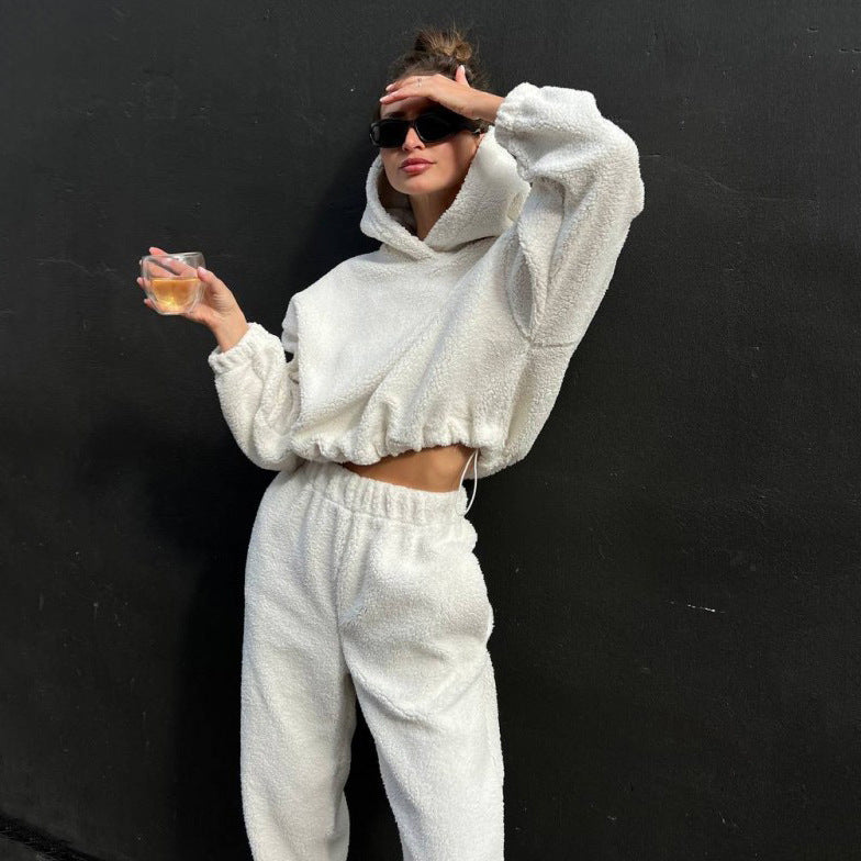 Ensemble Deux Pièces Loungewear Pour Femme Fleece Sweat À Capuche Oversize Et Pantalon Taille Haute Doux