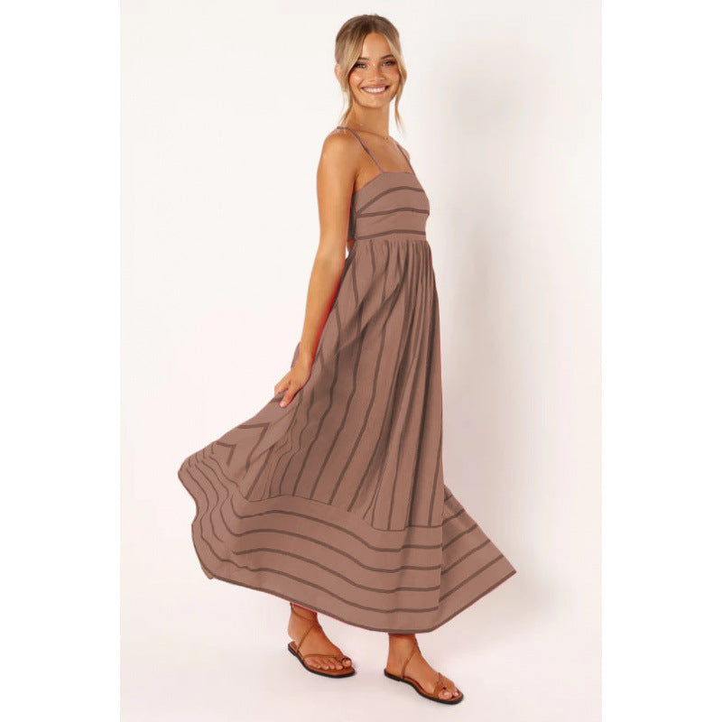 Damen Maxikleid mit feinen Streifen und elastischem Taillenbund Amawinc