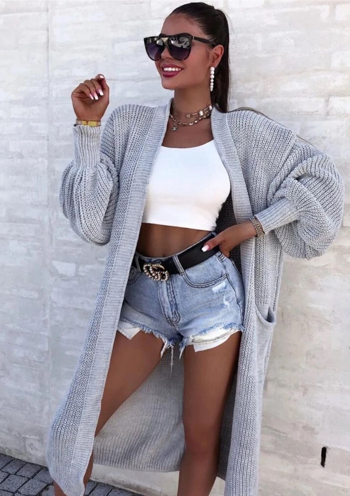 Damen Strickmantel mit weitem Schnitt und tiefen Taschen Amawinc