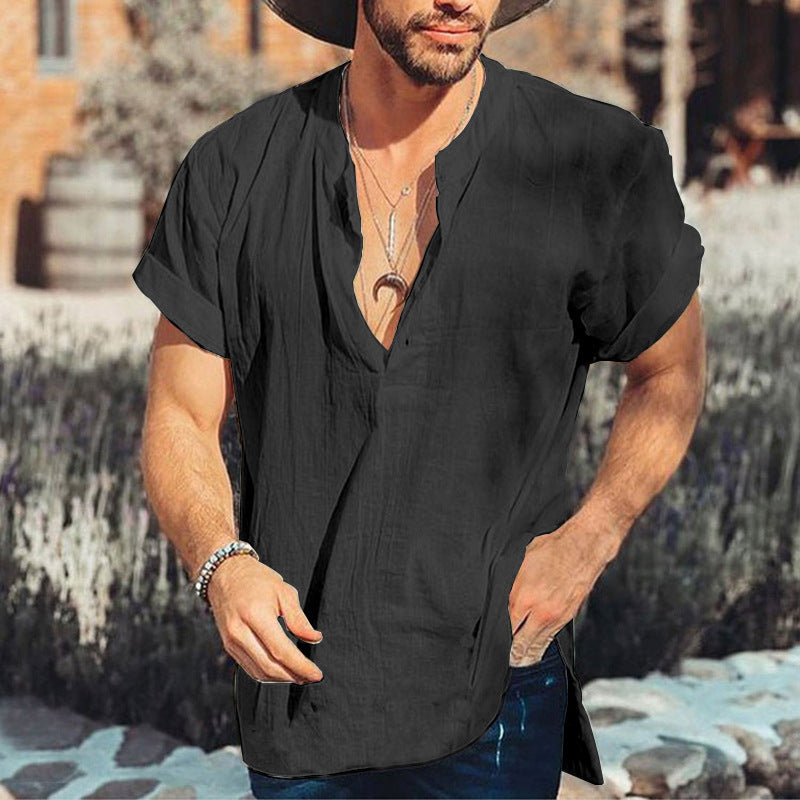 Nordisk Flair Chemise Homme Manches Courtes Col V En Fibres Naturelles Décontractée