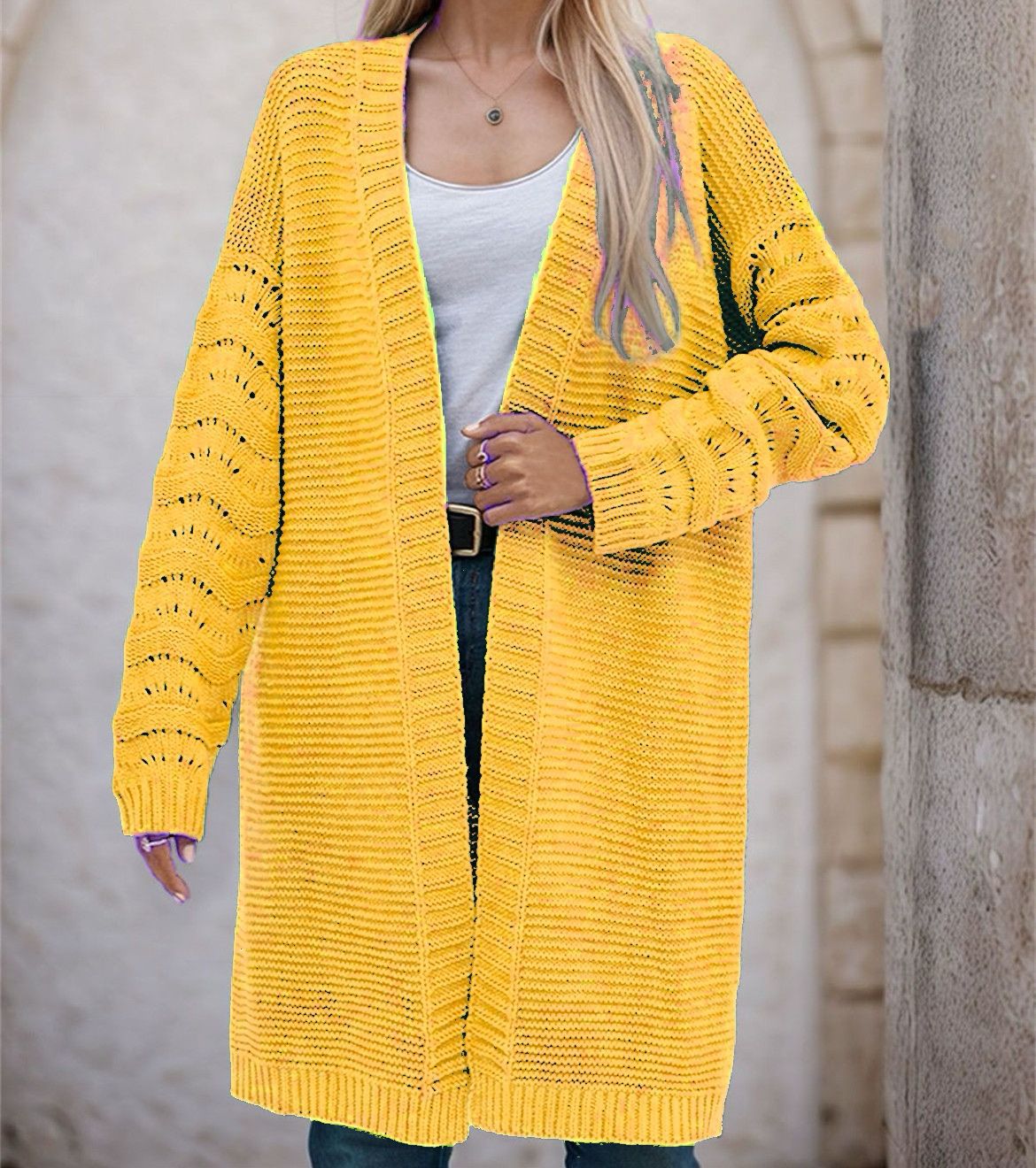 Damen Langer Strickcardigan mit luftiger Maschenstruktur und offener Front Amawinc