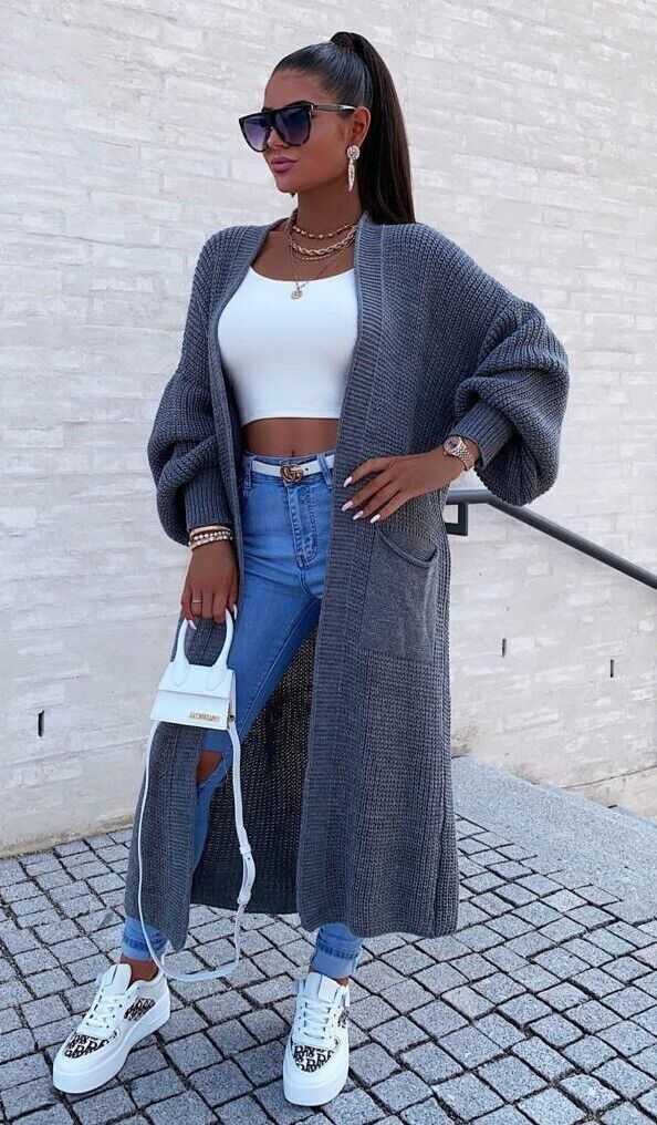 Damen Langstrickjacke mit grober Maschenstruktur und praktischen Taschen Amawinc