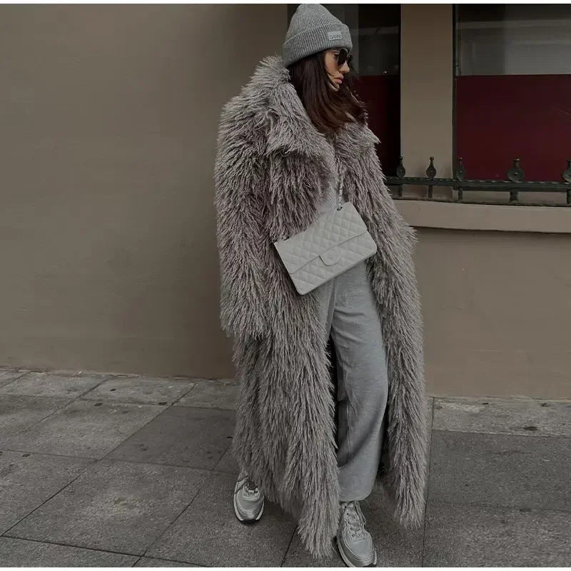 Damen Langer Kunstfellmantel Amawinc