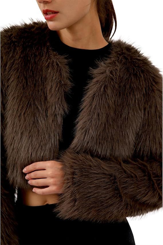 Damen Kurze glamouröse Kunstfelljacke mit lockeren Ärmeln Amawinc