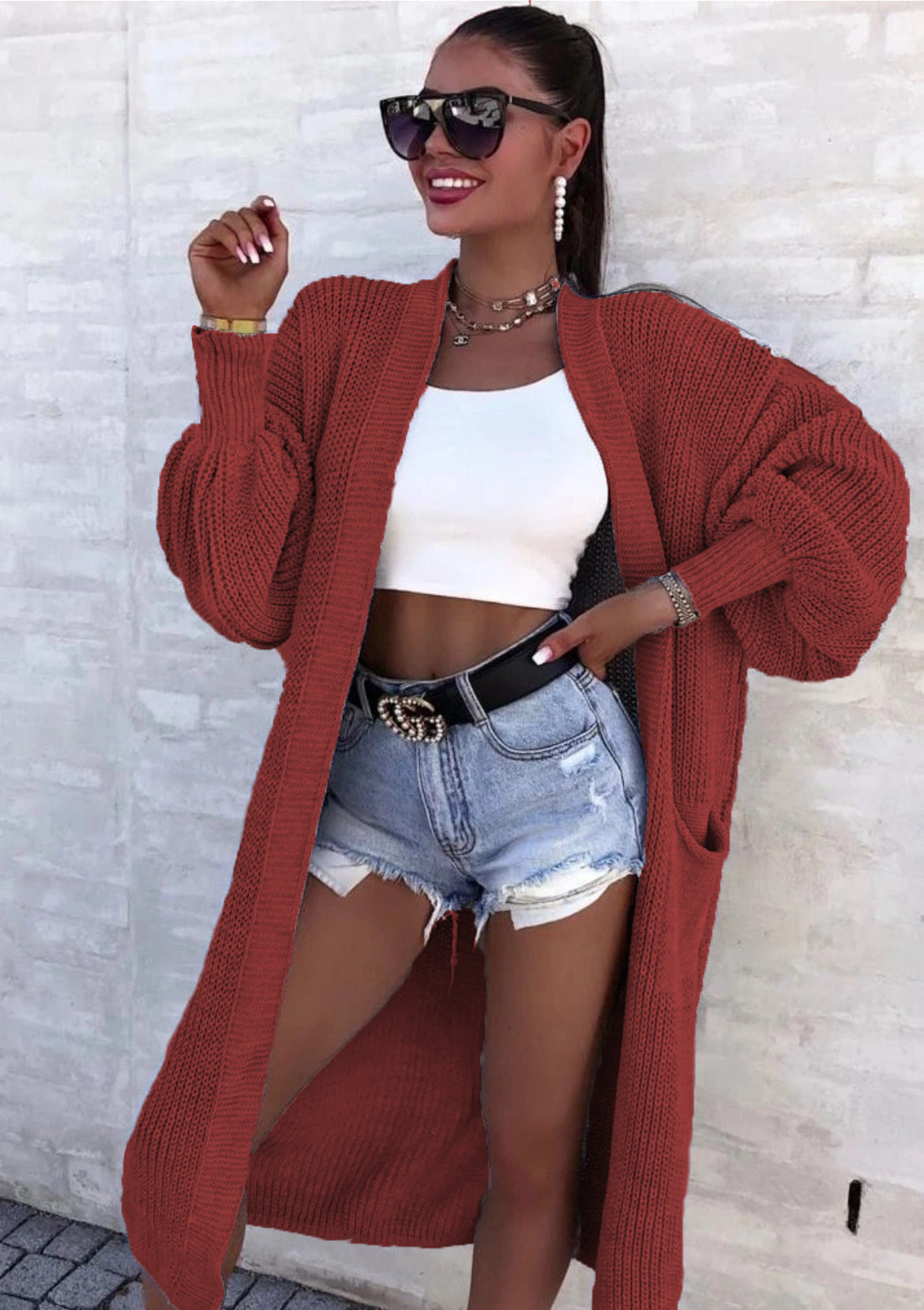 Damen Strickmantel mit weitem Schnitt und tiefen Taschen Amawinc