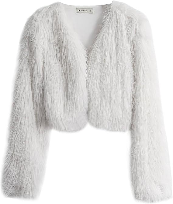 Damen Kurze glamouröse Kunstfelljacke mit lockeren Ärmeln Amawinc