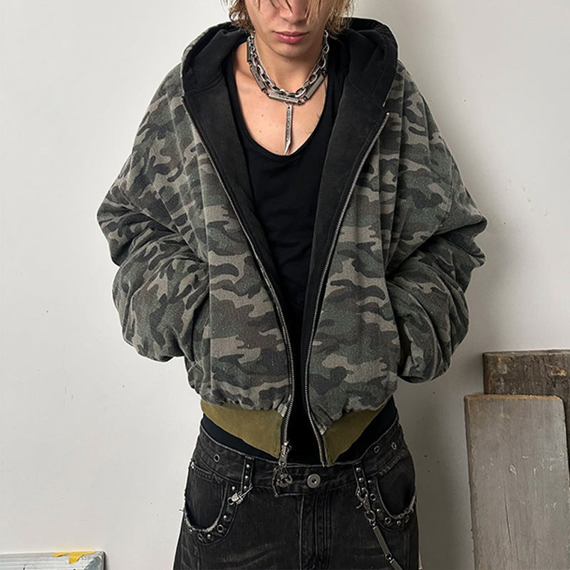 Damen Oversized Camouflage-Jacke mit Kapuze und Reißverschluss Amawinc