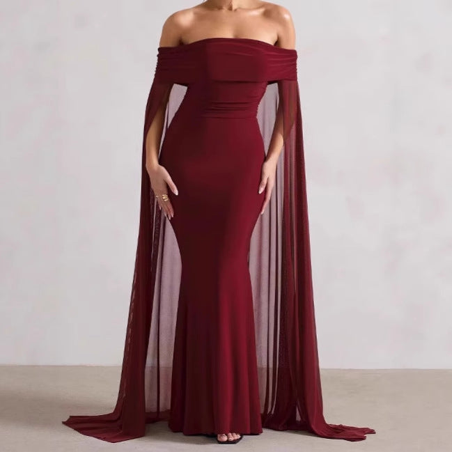 Damen Elegantes Off-Shoulder Abendkleid mit fließendem Transparenz-Cape und figurumspielendem Schnitt Amawinc