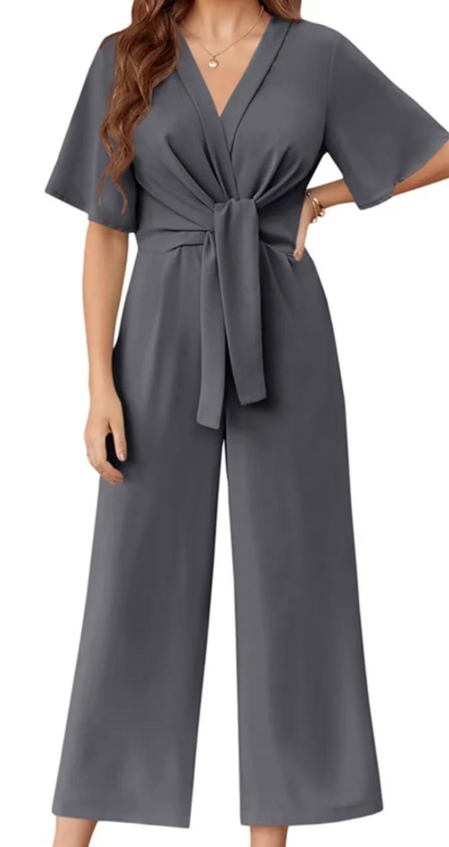 Damen eleganter Wickel-Jumpsuit mit weiten Beinen und Taillengürtel Amawinc
