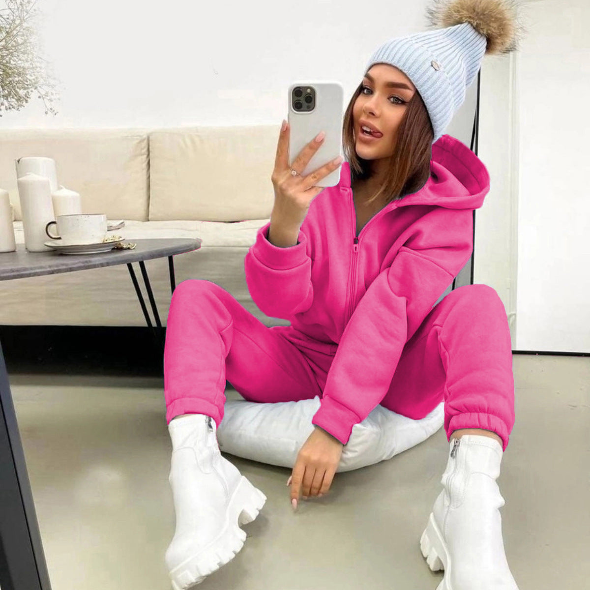 Damen Gemütlicher Kapuzenanzug mit Reißverschluss und elastischen Bündchen Amawinc