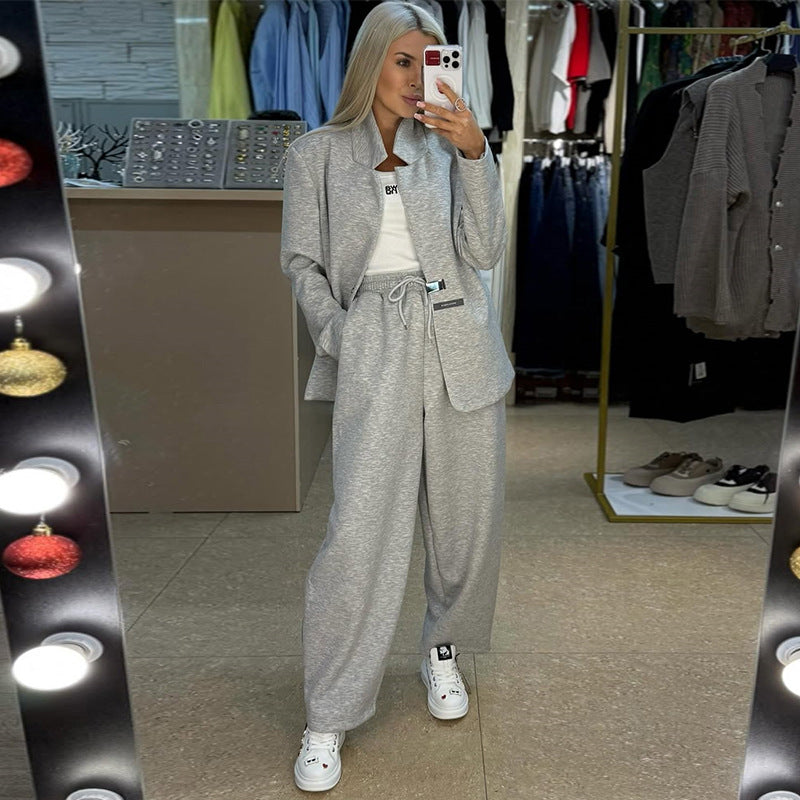 Damen lässige Sweater-Blazer-Kombination mit weit geschnittenen Hosen Amawinc