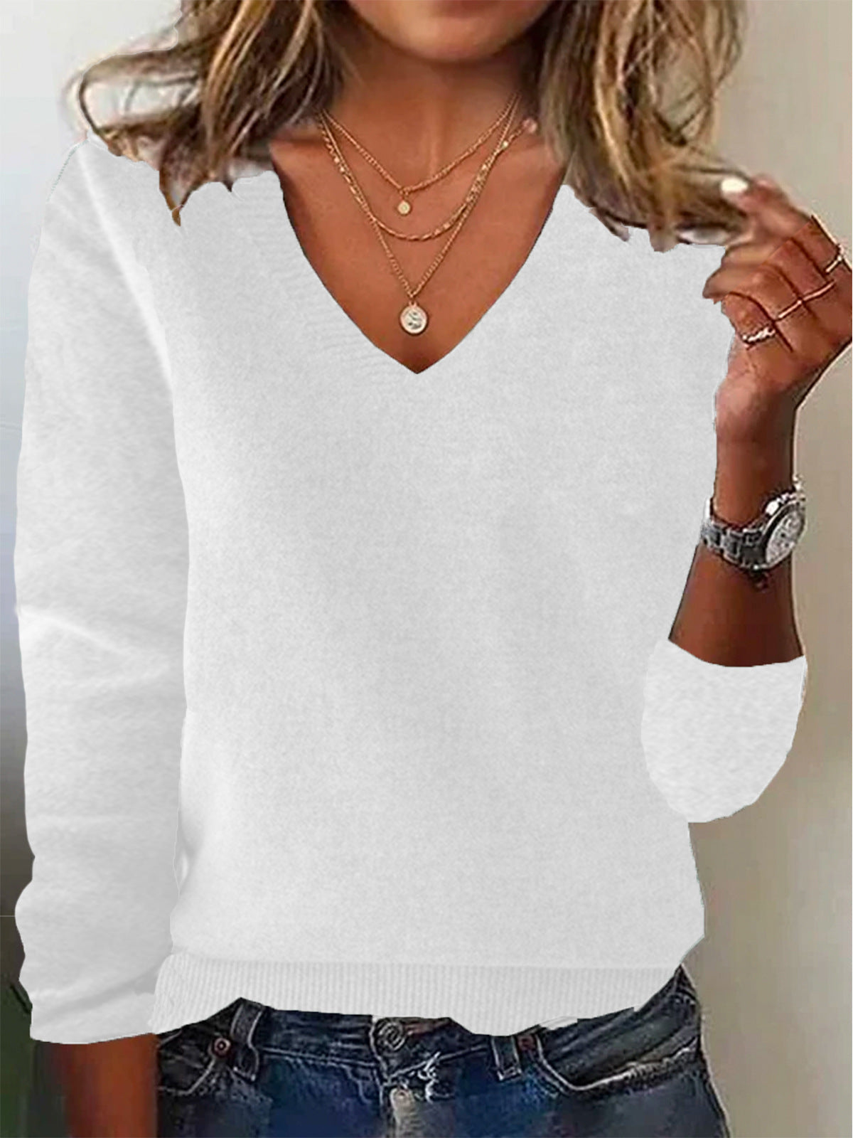 Pull Femme En Laine Tricotée Coupe Décontractée Col V Manches Longues Tenue Casual