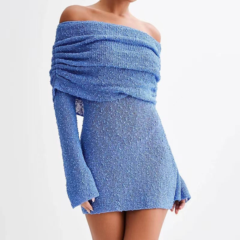 Robe de Plage Femme Épaules Dévoilées Maille Légère Coupe Slim Semi Transparent Manches Longues