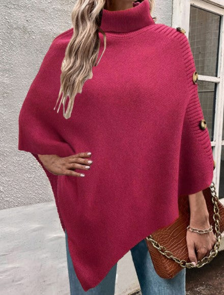 Damen Strick-Poncho mit hohem Kragen und Knopfdetails Amawinc