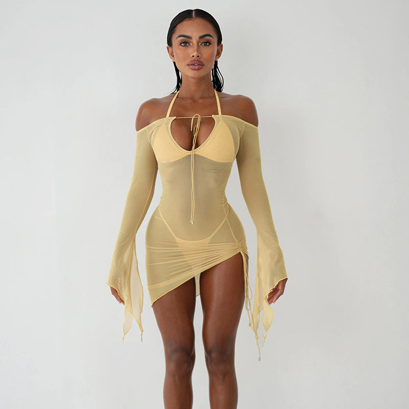 Damen Elegantes Badeanzug-Tunika mit Schleifenverschluss und transparenten Ärmeln Amawinc