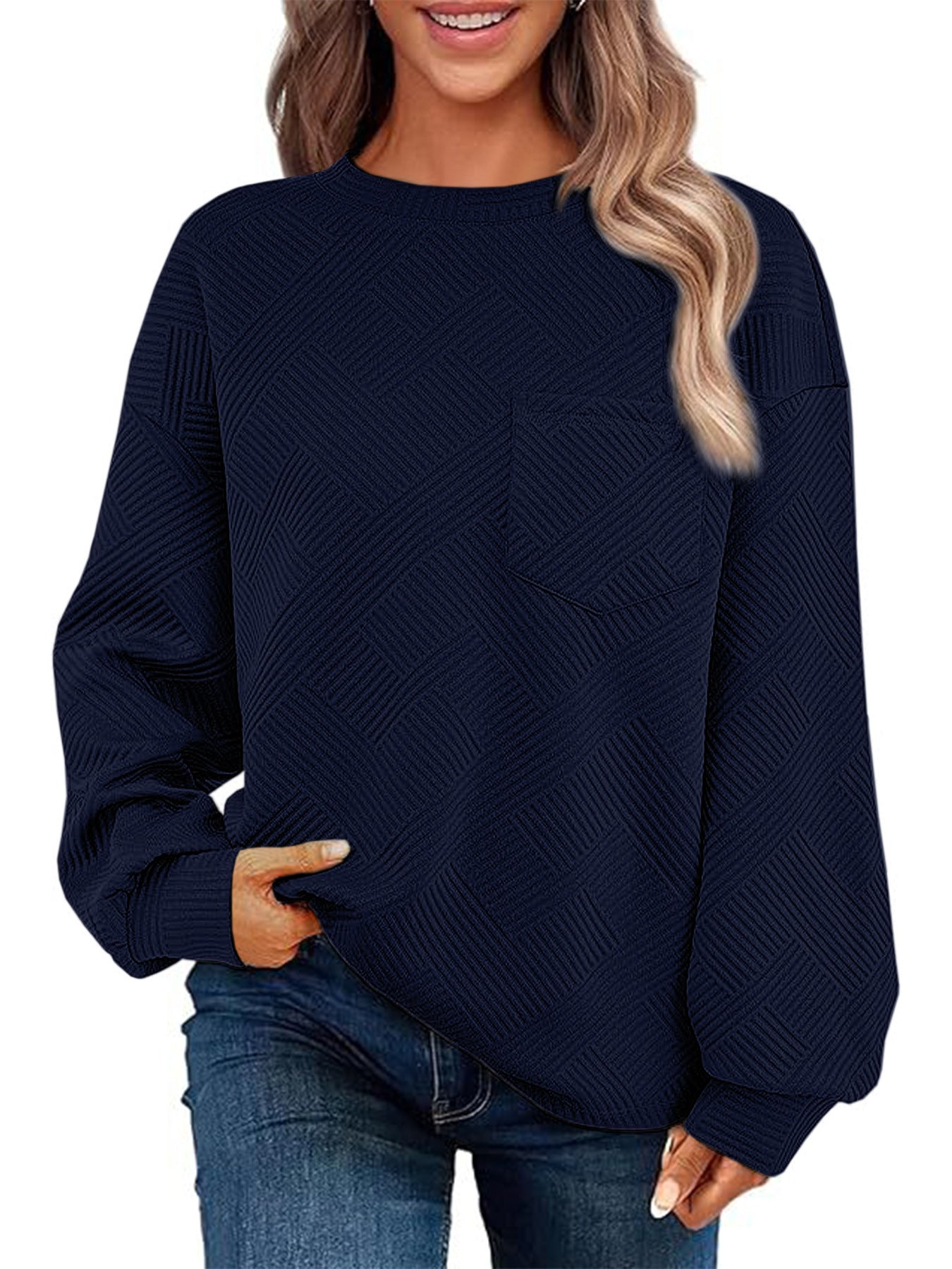 Damen Lässiger Pullover mit strukturiertem Muster und praktischen Taschen Amawinc