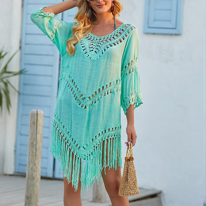 Women’s Cover-Up Dress – Relaxed Fit – Crochet Trim – Fringe Hem – Cotton Blend Fabric - Amawinc