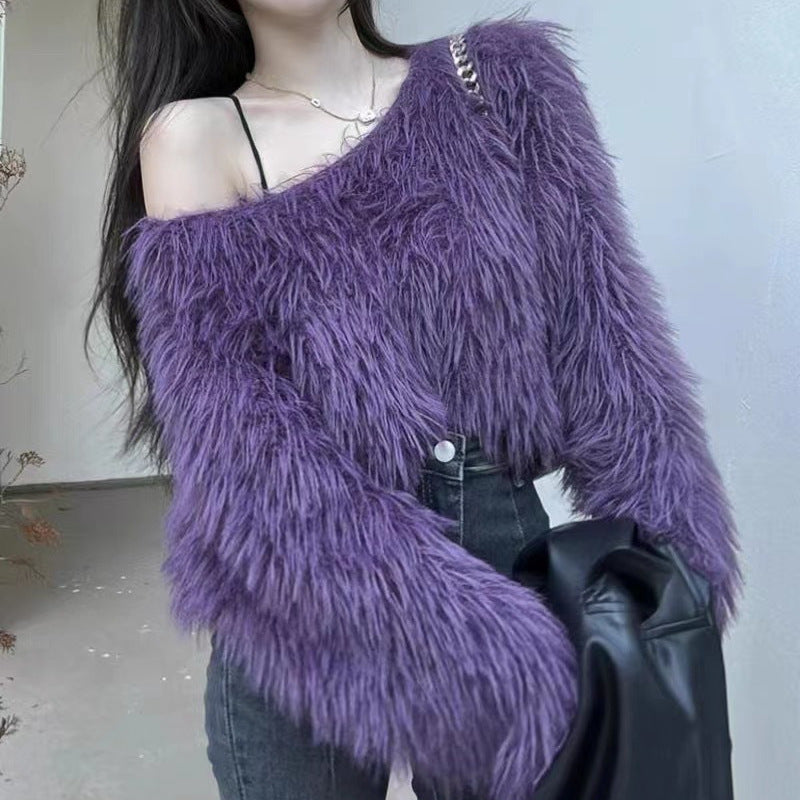 Damen Flauschiger Off-Shoulder-Pullover mit langen Ärmeln Amawinc