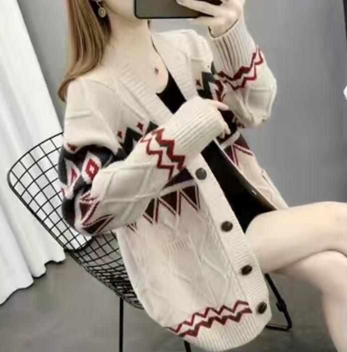 Damen Strickjacke mit modernem Zopf- und geometrischem Muster Amawinc