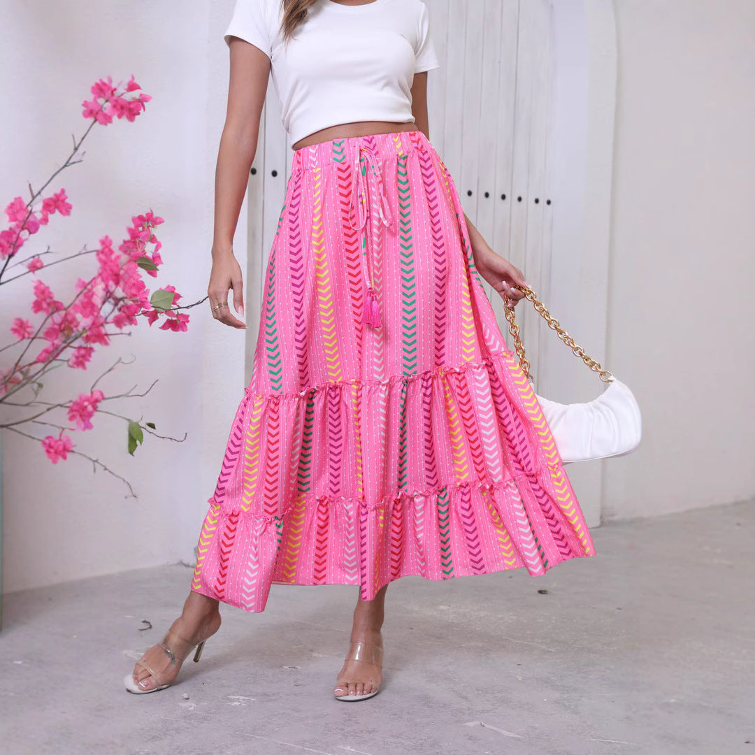 Jupe Maxi Femme Taille Haute Bohème À Couches Avec Franges À La Taille Texture Coton