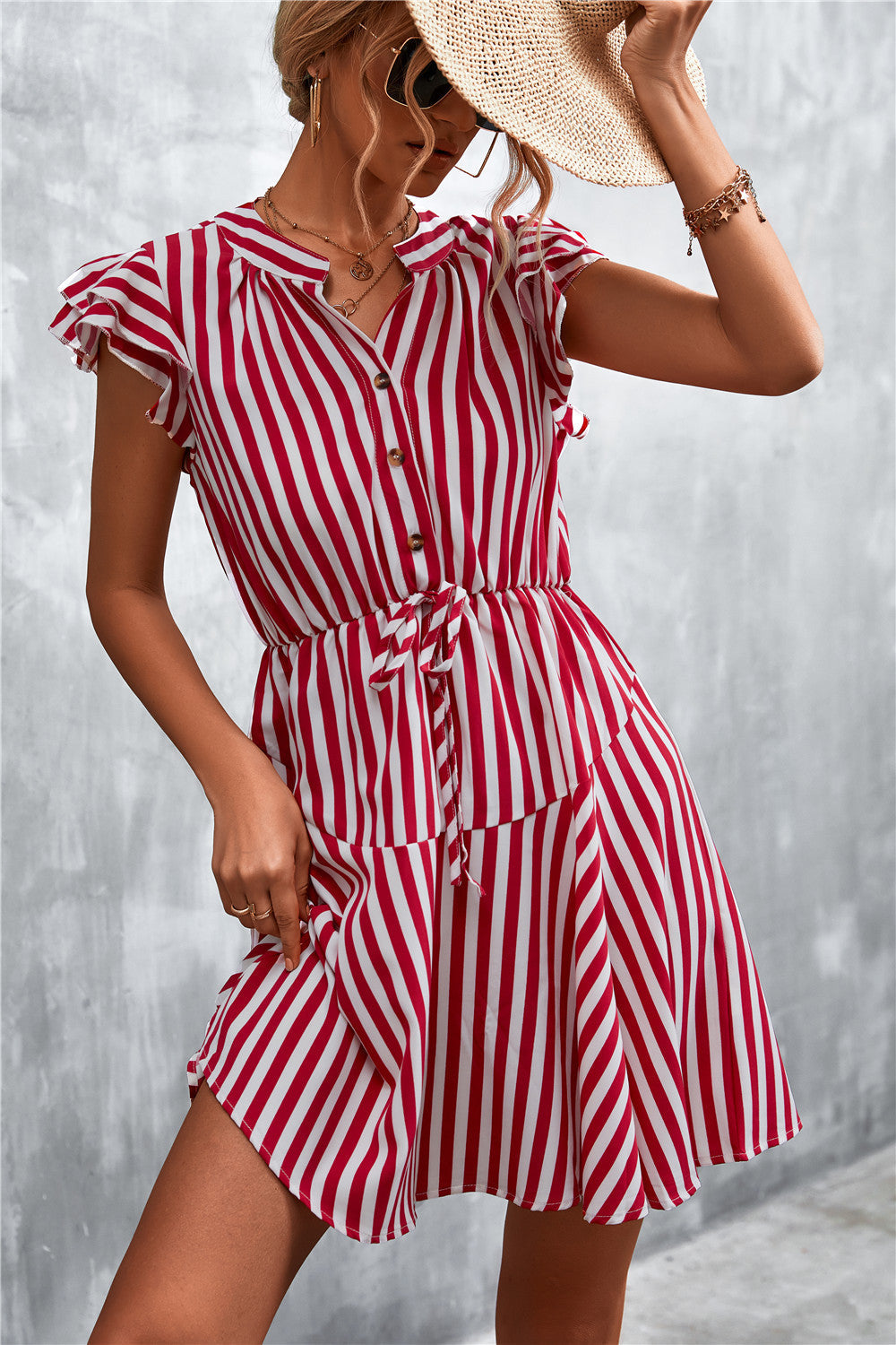 Damen Kurzarm-Kleid im angesagten Streifenlook mit Taillenzug und eleganten Rüschendetails Amawinc