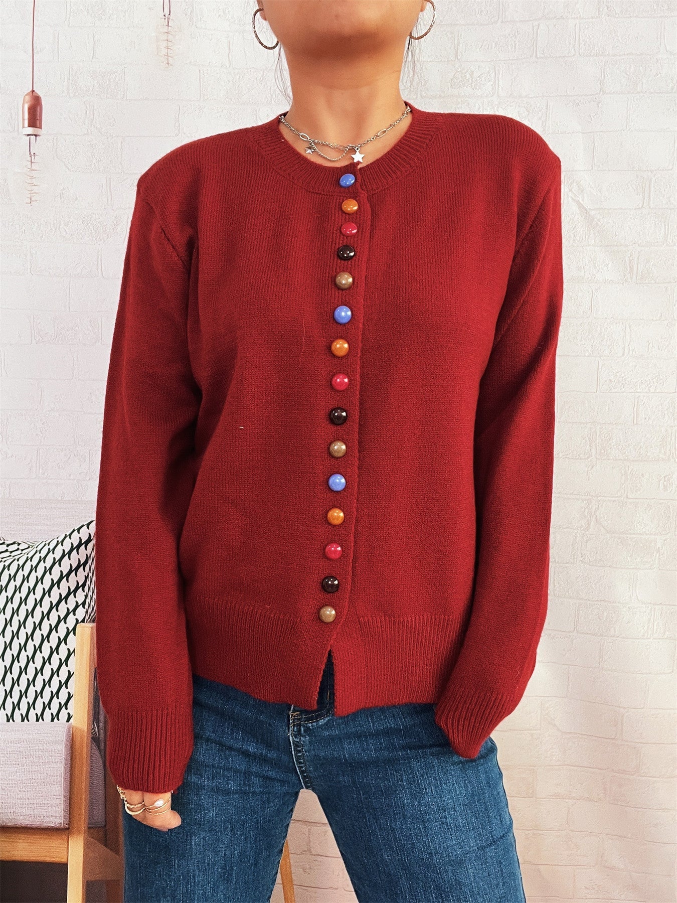 Damen stilvolle Strickjacke mit bunten Knöpfen Amawinc