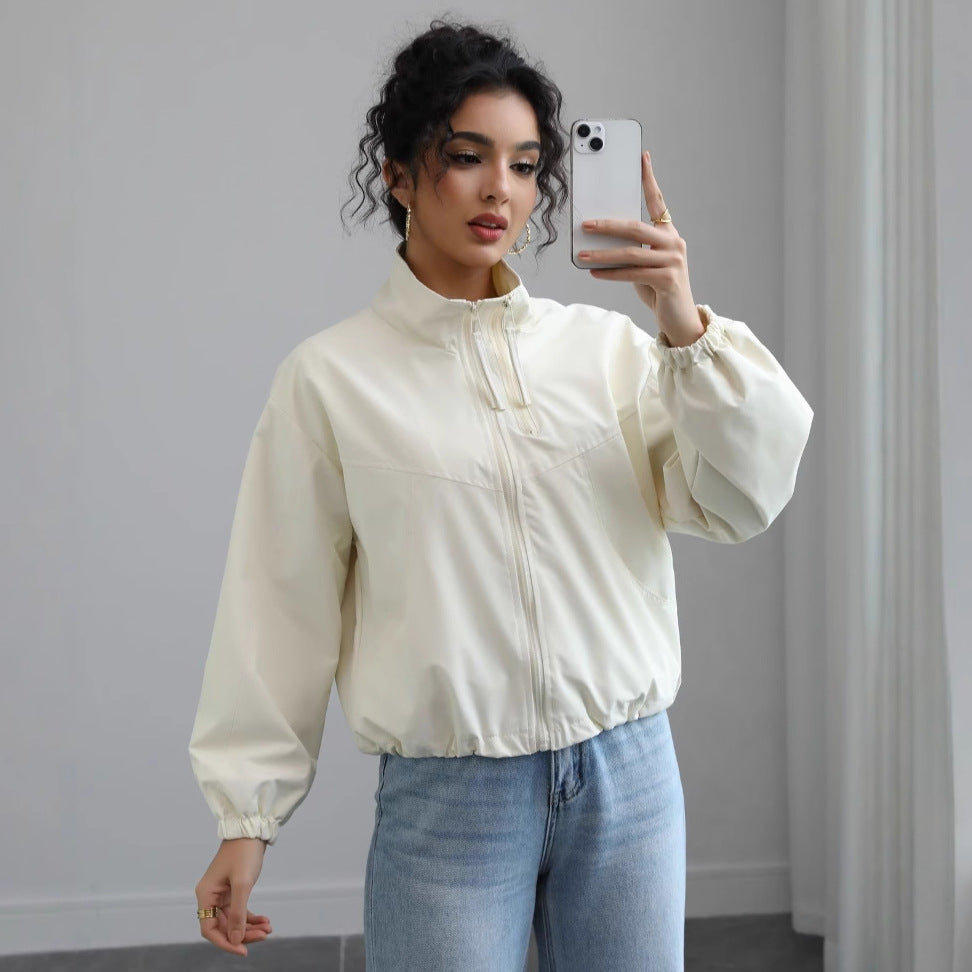 Damen modische Übergangsjacke mit hohem Kragen und elastischem Bund Amawinc