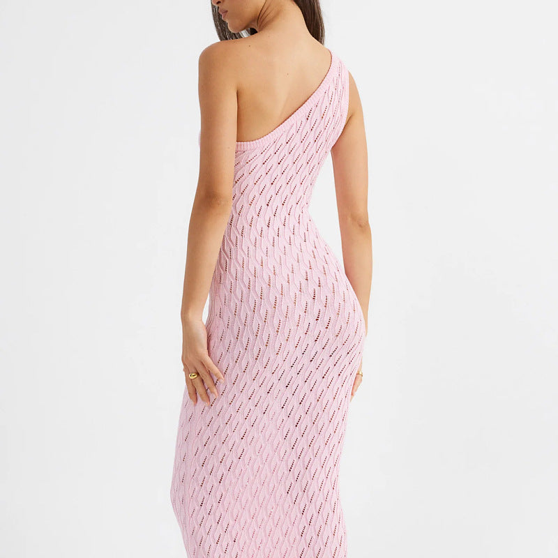Robe Femme Épaules Asymétriques Moulante En Maille Ouverte Longueur Cheville Élégante