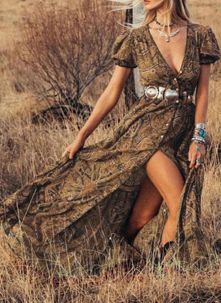 Robe Maxi Femme Cintrée À Taille Ajustée Manches Bouffantes Avec Fente Avant Bouton Détail Amawinc