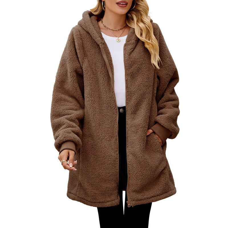 Damen kuschelige Fleecejacke mit Kapuze und seitlichen Eingrifftaschen Amawinc