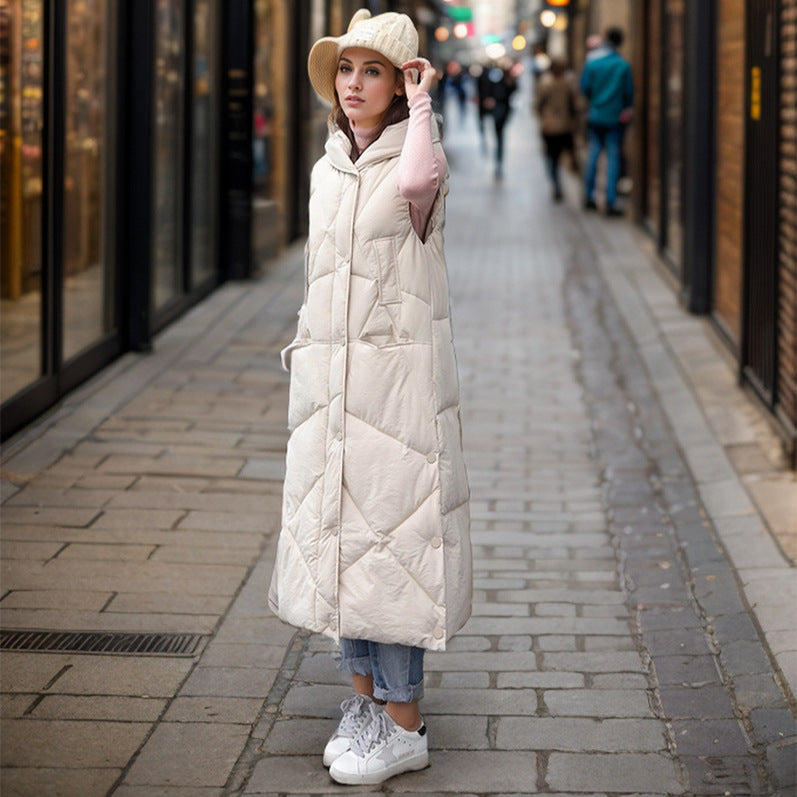 Damen gesteppte lange Weste mit isolierender Kapuze und praktischen Taschen Amawinc