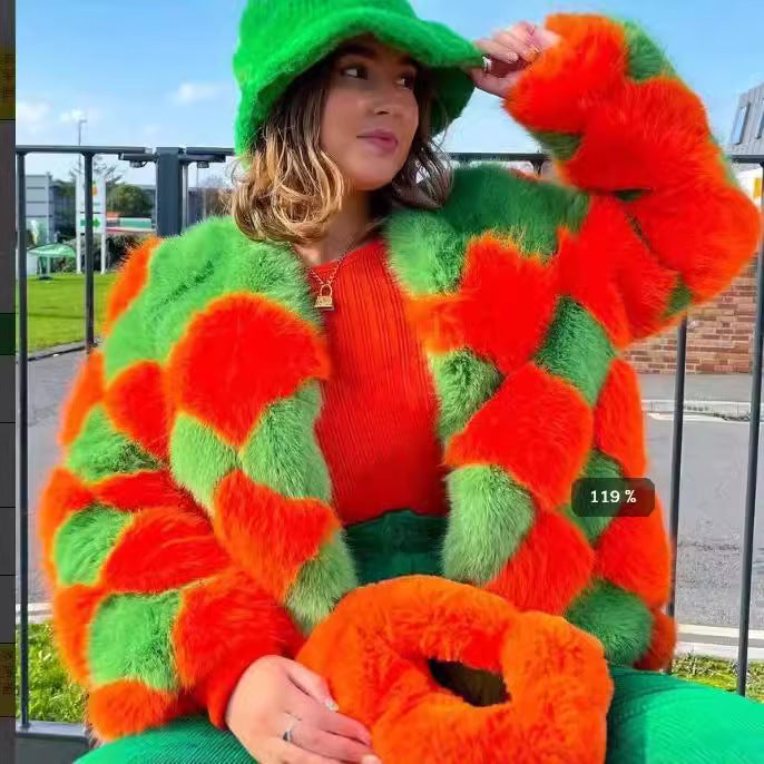 Damen Flauschiger Übergrößen-Kunstfellmantel mit modernen Mustern Amawinc