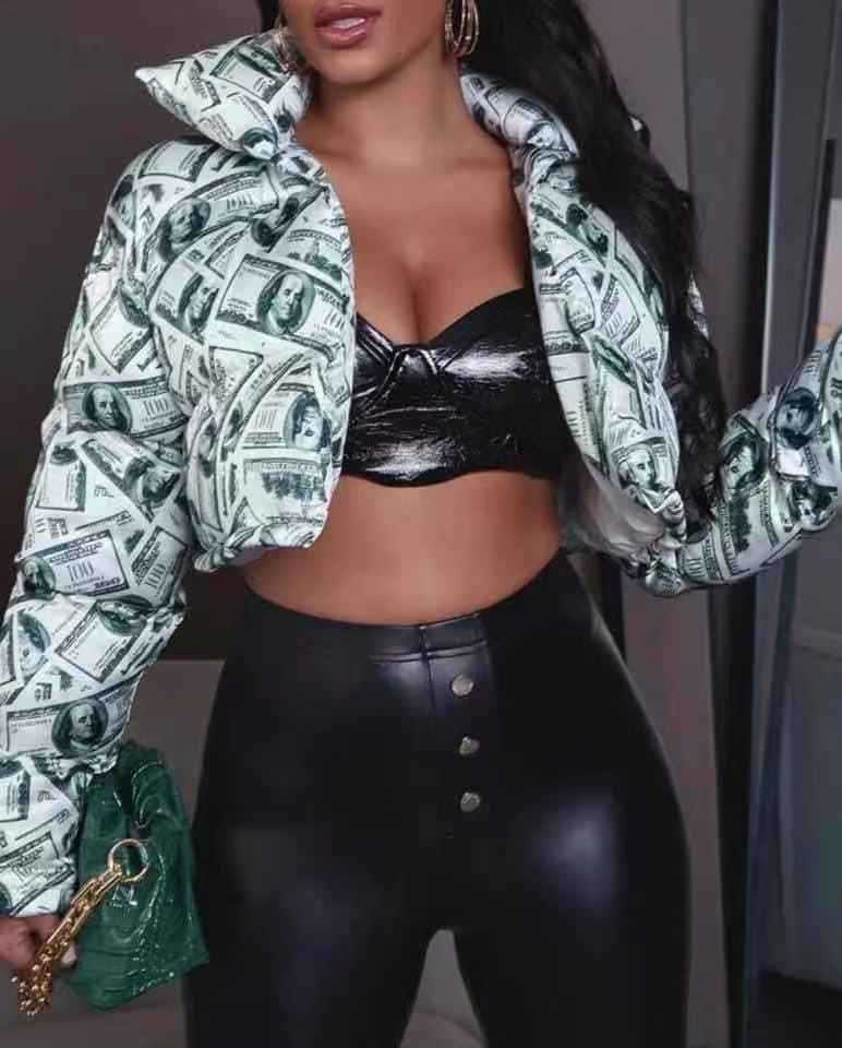 Damen modische cropped Steppjacke im Dollar-Design Amawinc