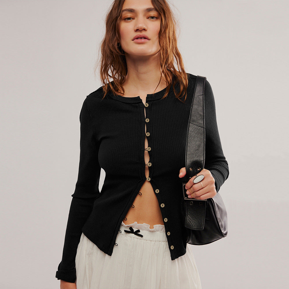 Damen Langärmliges Rippoberteil mit durchgehender Knopfleiste und figurbetontem Schnitt Amawinc