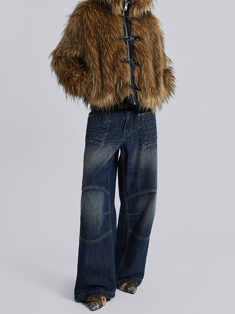 Damen Gemusterte und weiche Kunstfelljacke mit Kapuze Amawinc