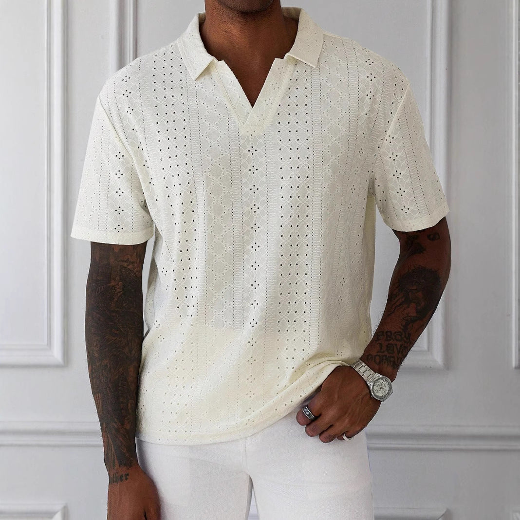 T Shirt Homme Tricot Jacquard Dentelle Manches Courtes Coupe Décontractée Couleur Crème Par Amawinc Nordic Flair