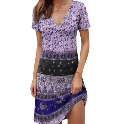 Robe Décontractée Pour Femme En Coton Patchwork Bohème Encolure En V Profonde Manches Courtes